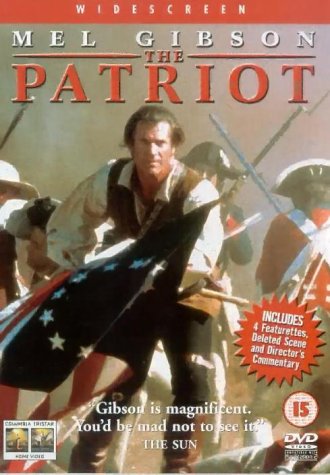DVD cover for The Patriot featuring Mel Gibson carrying an American flag in battle.