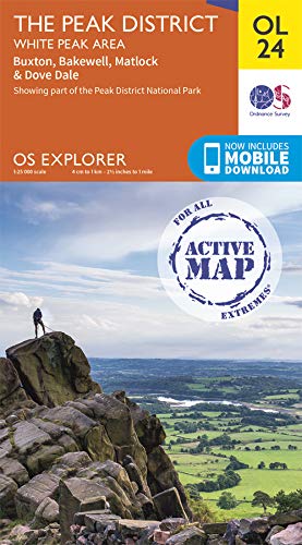 Ordnance Survey map of the Peak District White Peak area, with hiker image.
