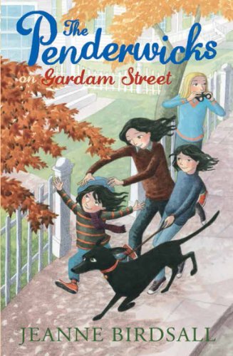 Book cover: four girls and a dog running on a street.