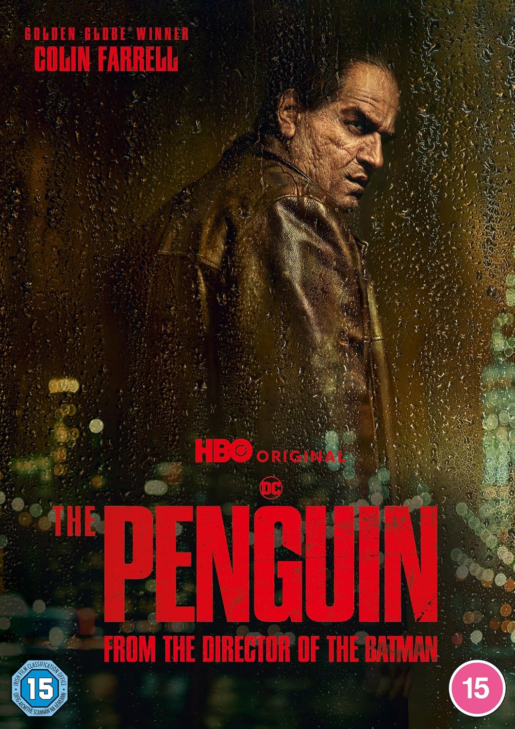 DVD cover featuring Colin Farrell as The Penguin, rain-streaked, dark tones.