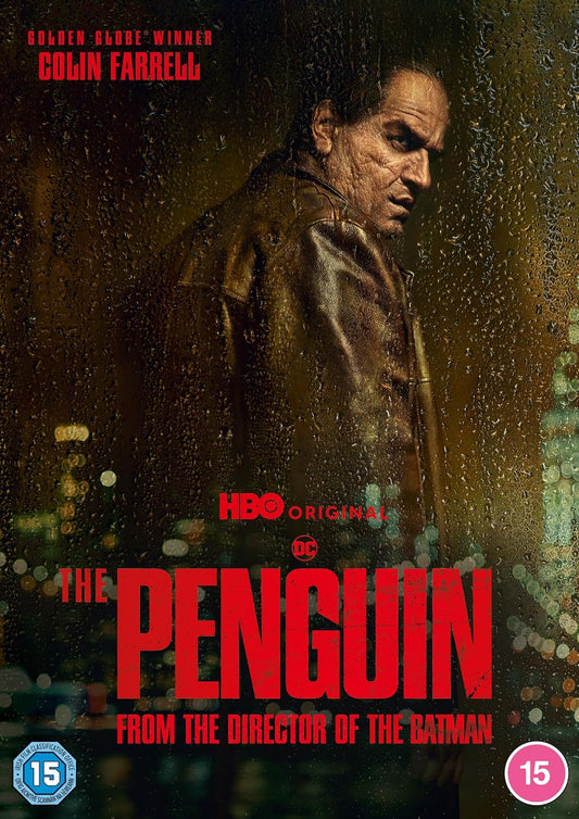 DVD cover featuring Colin Farrell as The Penguin, rain-streaked, dark tones.