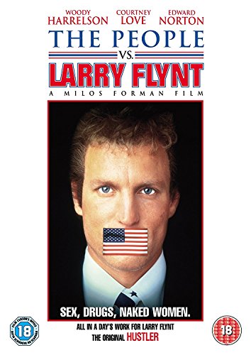 The People Vs. Larry Flynt" DVD cover featuring Woody Harrelson with an American flag over his mouth.