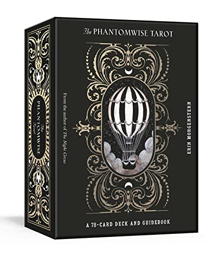 Black tarot deck box with ornate gold details and a hot air balloon.