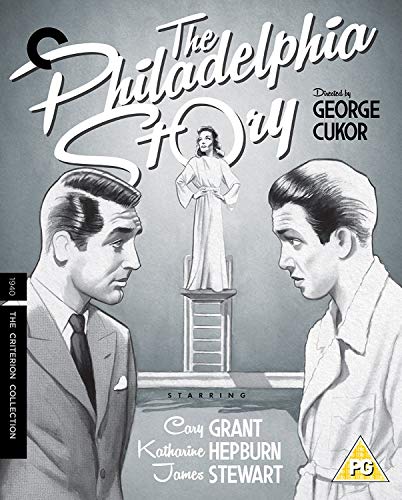 Blu-ray cover for "The Philadelphia Story" featuring Cary Grant, Katharine Hepburn, and James Stewart.