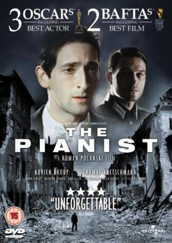 DVD cover for "The Pianist" featuring two men amidst wartime ruins.