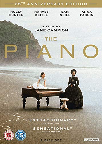 DVD cover for The Piano showing a woman and child with a piano on beach.