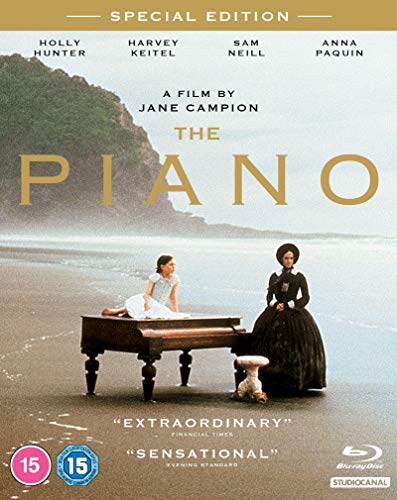 Blu-ray cover for "The Piano" featuring a woman, child, and piano on a beach.
