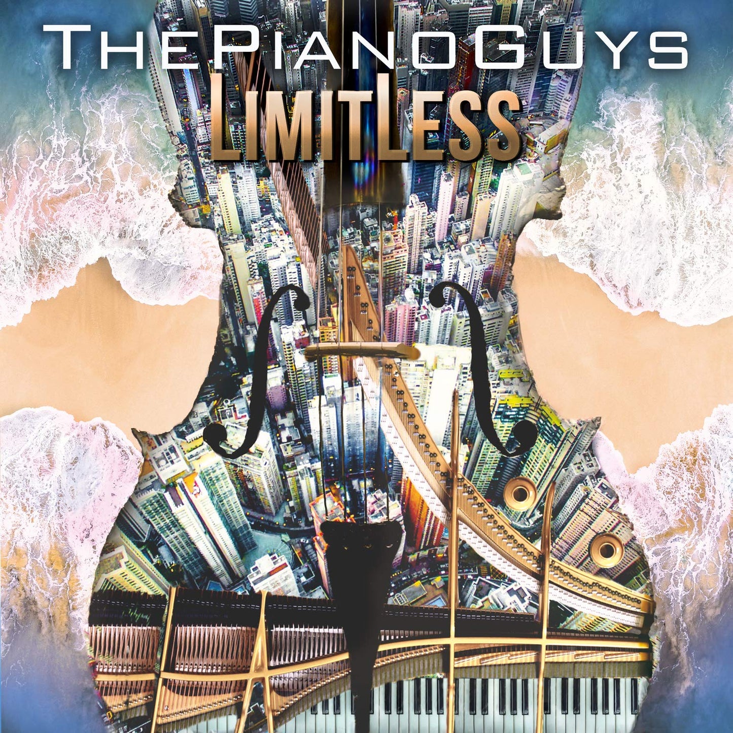 The image depicts a piano and guitar merged, with a cityscape and ocean waves.