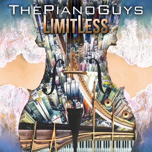 The image depicts a piano and guitar merged, with a cityscape and ocean waves.