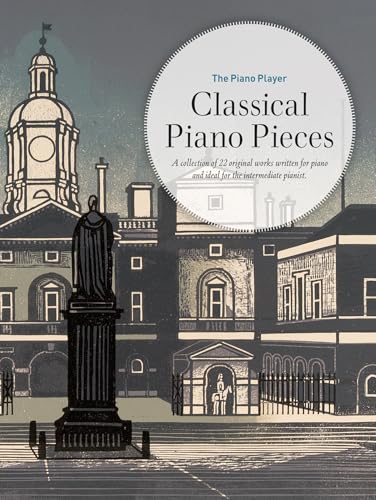 Book cover with illustrated cityscape and title "The Piano Player: Classical Piano Pieces".