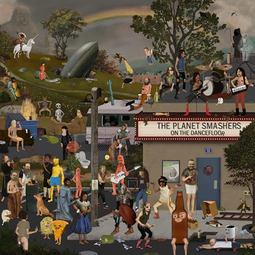 Surreal illustration featuring a band playing on a roof above a chaotic, crowded scene.