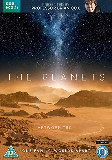DVD cover for "The Planets" with desert landscape, stars, and Professor Brian Cox.