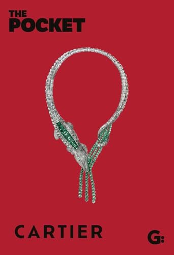 Book cover featuring a silver and emerald Cartier necklace on red.