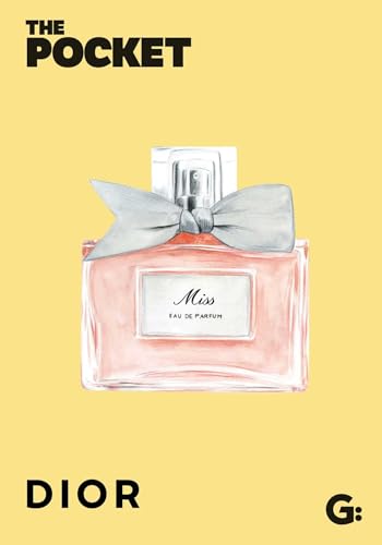 Illustration of a pink Dior perfume bottle with a gray bow, on yellow.