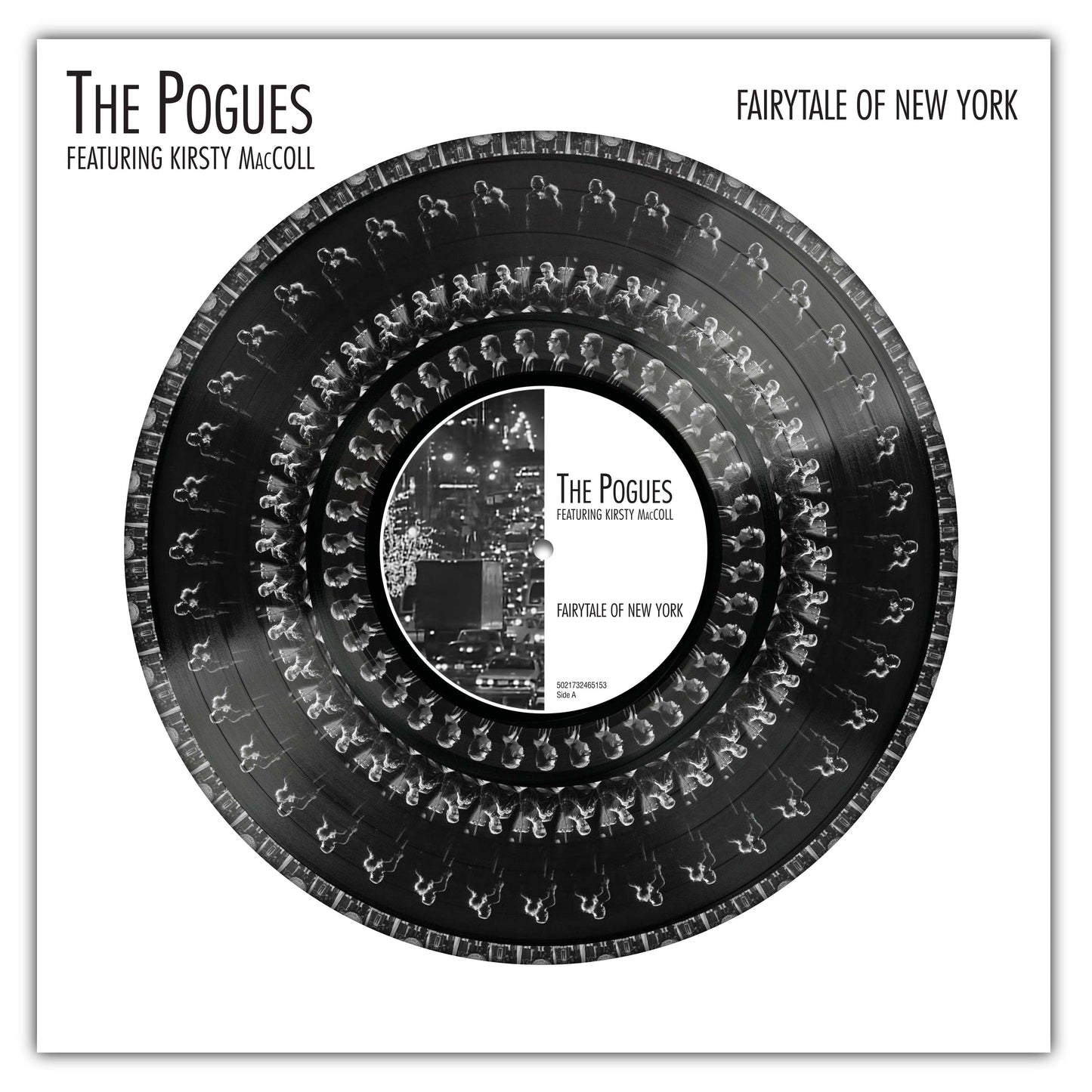 Vinyl record label for The Pogues’ “Fairytale Of New York” with cityscape.