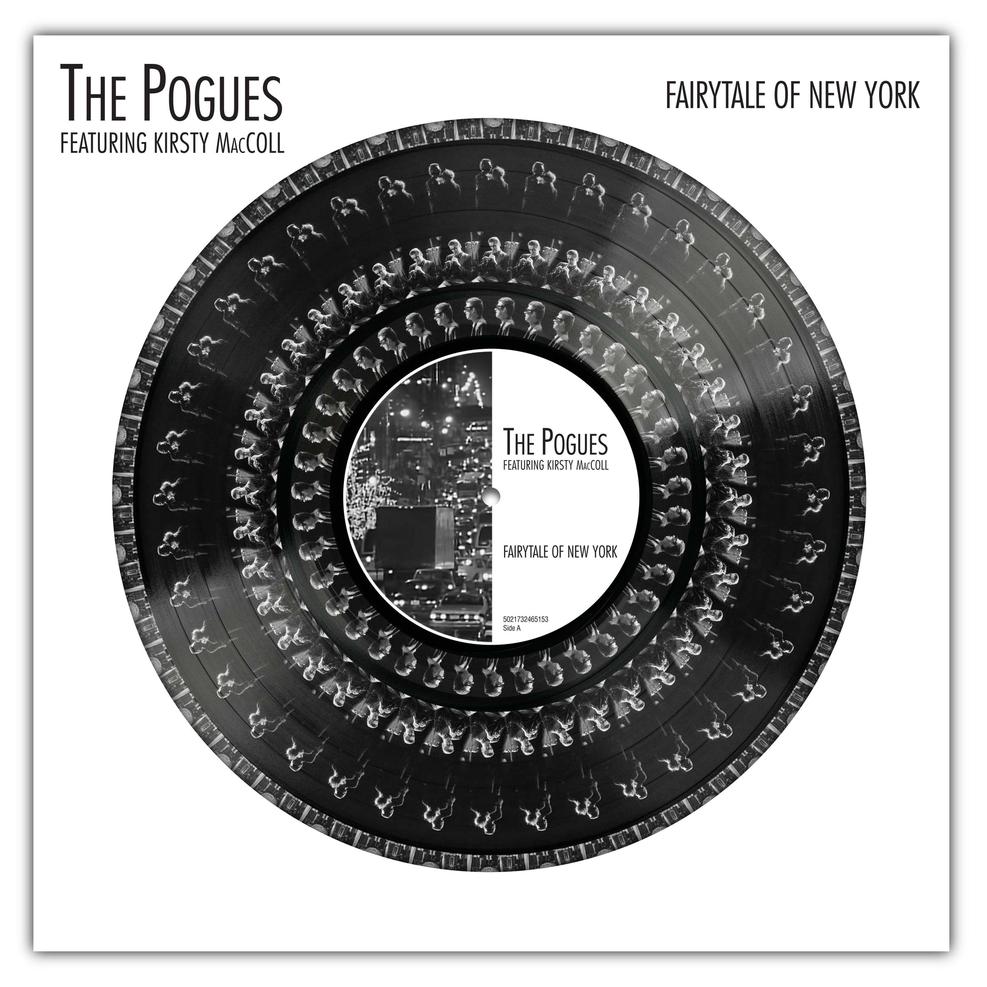 Vinyl record label for The Pogues’ “Fairytale Of New York” with cityscape.