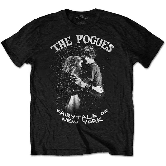 Black t-shirt with "The Pogues" logo and couple illustration.