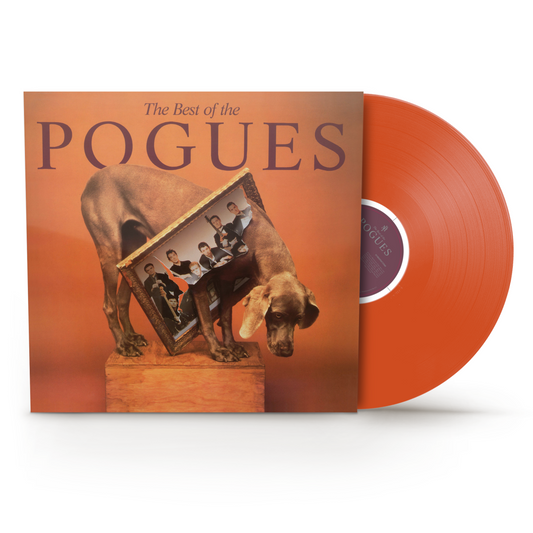 The Pogues “Best Of” vinyl record with an orange cover and dog image.