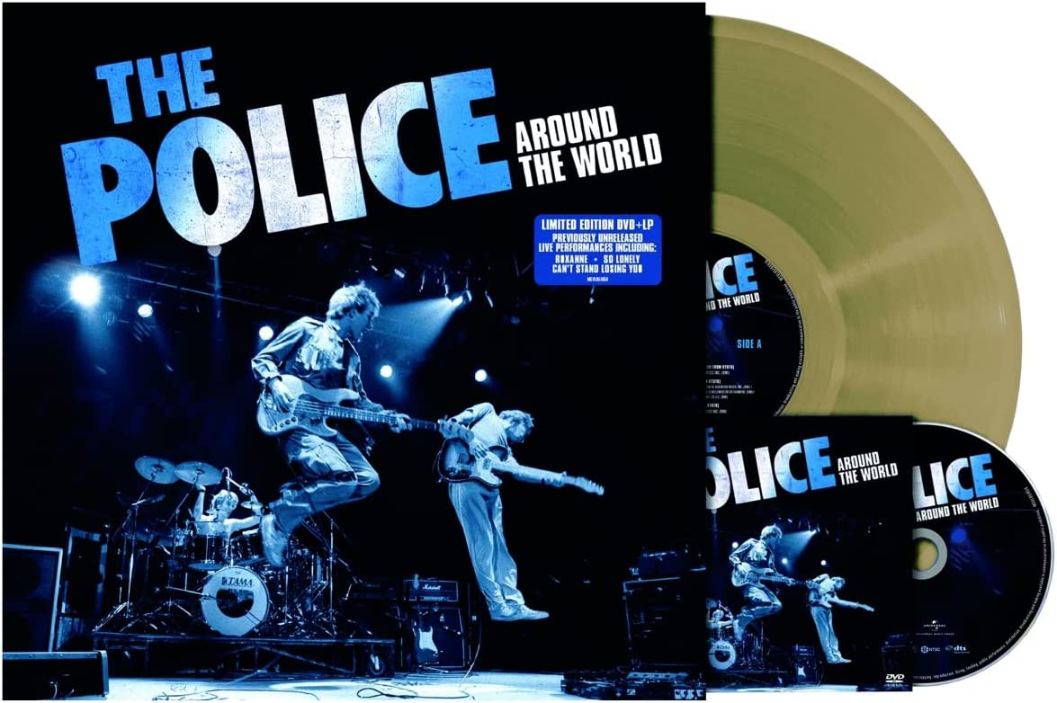 "The Police Around the World" vinyl record and DVD on a white background.