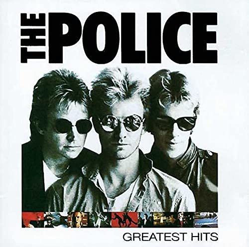 The Police band members with sunglasses, album cover for “Greatest Hits”.
