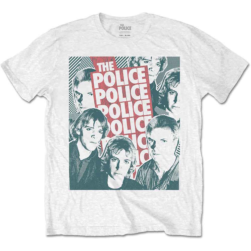 White t-shirt with halftone graphic of band The Police on the front.