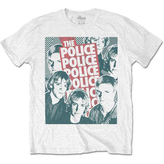 White t-shirt with halftone graphic of band The Police on the front.