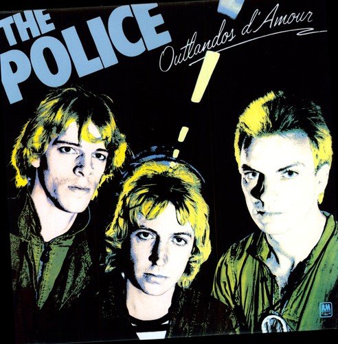 The image is a vinyl album cover featuring three men. Alt text: "The Police album cover with three band members against a black background."