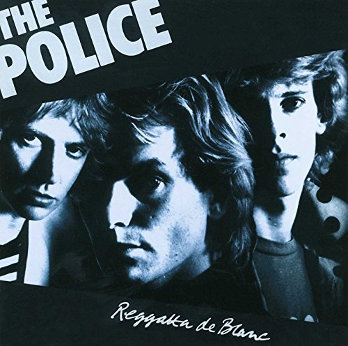 Blue-tinted close-up of The Police band members on the Reggatta de Blanc album cover.