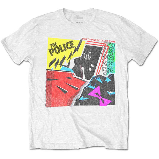 A man wearing a white t-shirt with a colorful The Police graphic print.