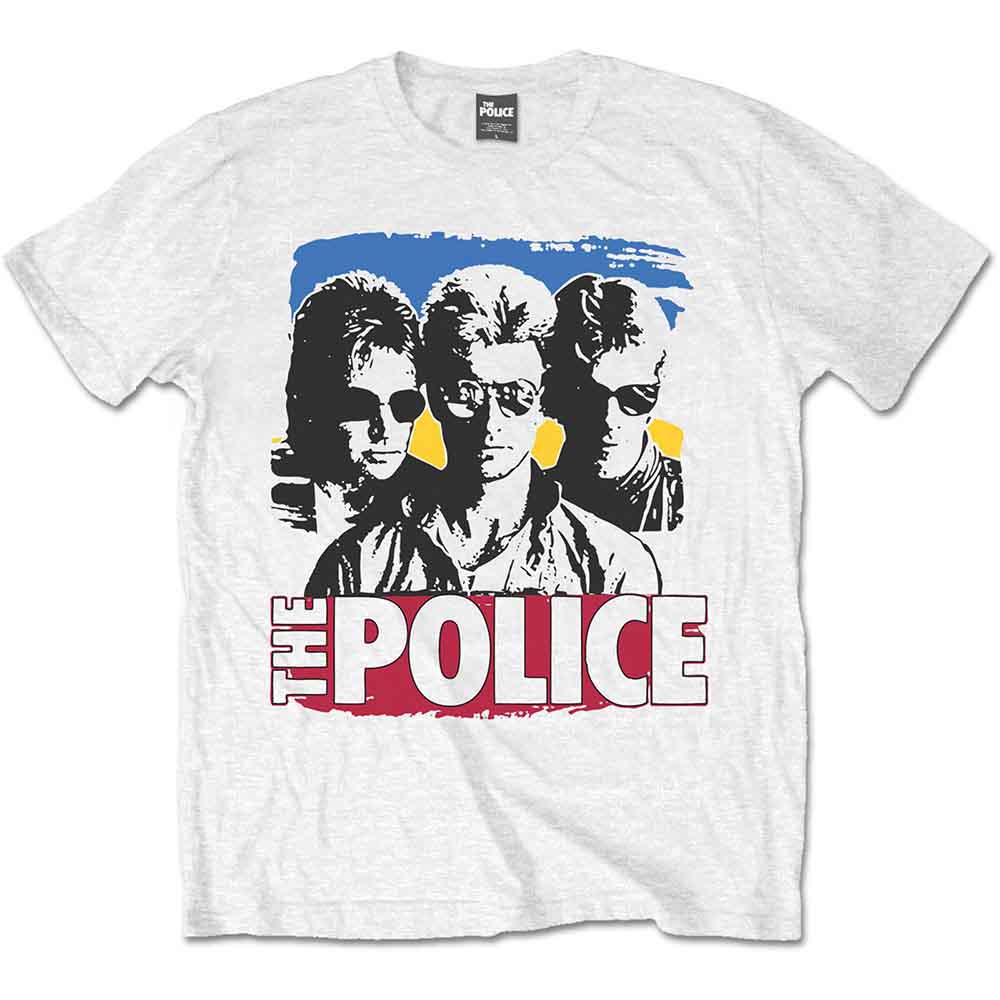 White t-shirt featuring a stylized graphic of three band members wearing sunglasses.