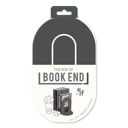 Charcoal gray arch-shaped pop-up bookend in retail packaging with product illustration.