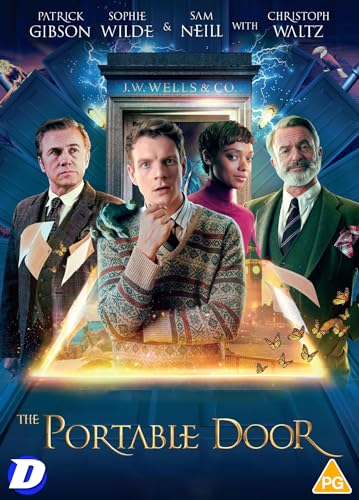 Movie poster for "The Portable Door" featuring four actors and a glowing doorway.