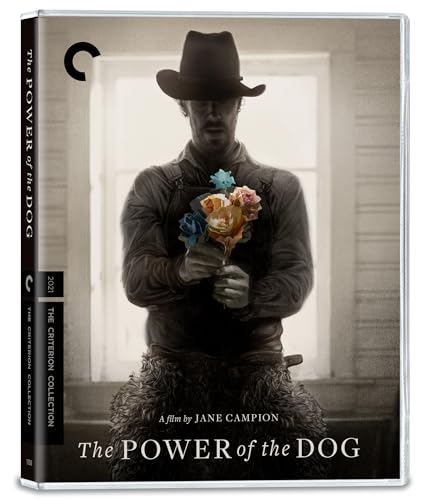 Blu-ray cover for "The Power of the Dog" featuring a cowboy with flowers.