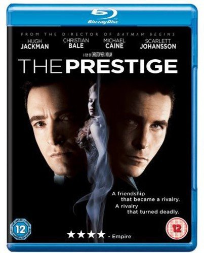 Blu-ray cover for "The Prestige" featuring Hugh Jackman, Christian Bale, and Scarlett Johansson.