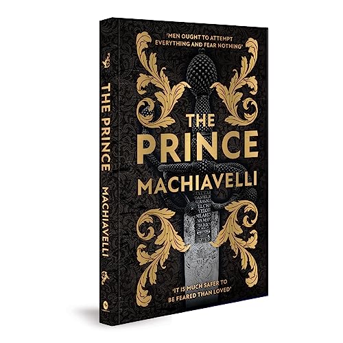 Hardbound book titled The Prince by Machiavelli featuring a gold sword on black background.