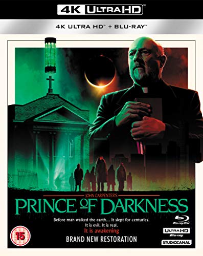 Blu-ray cover for "Prince of Darkness" featuring a priest and ominous building.