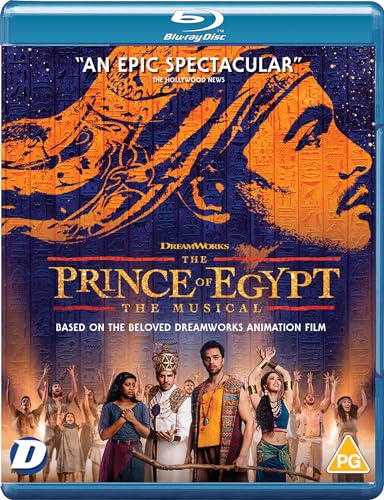 Blu-ray cover for “The Prince of Egypt: The Musical” featuring cast and hieroglyphs.
