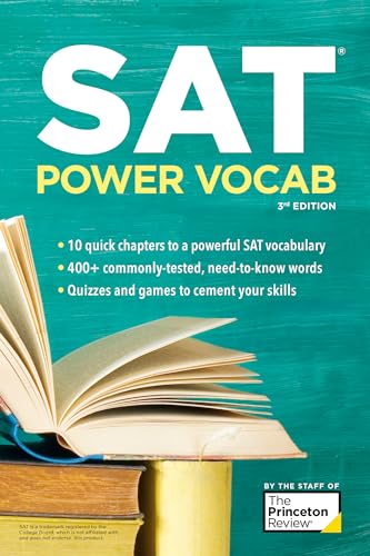SAT vocabulary study guide book with an open book on stacked books.