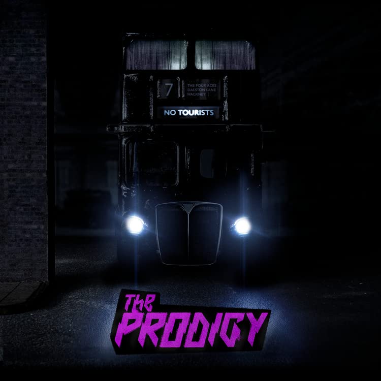 A dark, night-time shot of a London bus with glowing headlights and purple band logo.