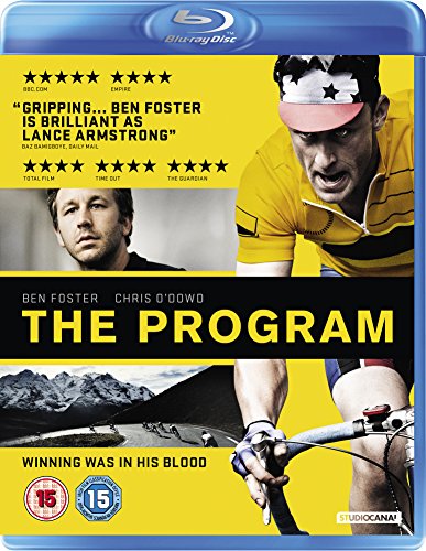Blu-ray cover for "The Program" featuring Ben Foster as Lance Armstrong cycling.