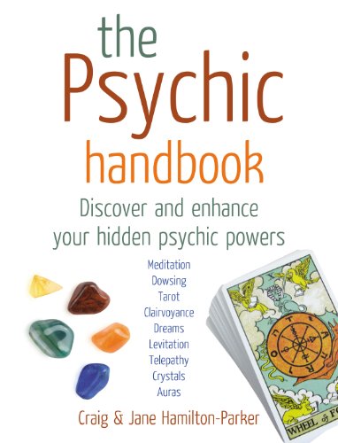 Book cover with title "The Psychic Handbook", crystals, and a tarot card.