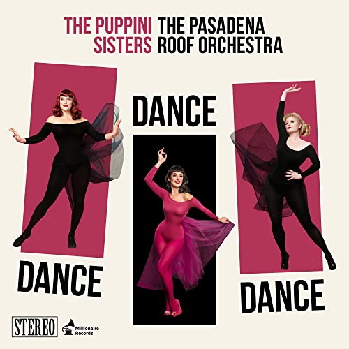 Three women in dance outfits posing against a cream background with the text Dance.