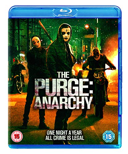 Blu-ray cover for "The Purge: Anarchy" featuring masked figures in a city.