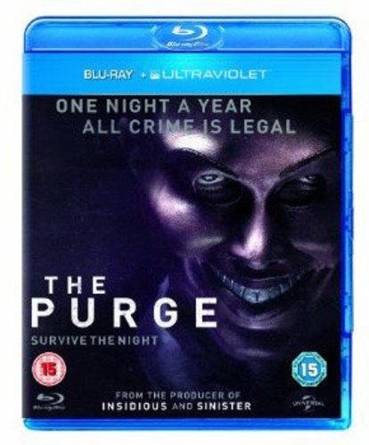 Blu-ray cover for The Purge featuring a dark, sinister smiling face mask.