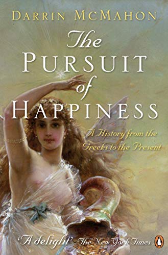 Book cover: woman with horn, title "The Pursuit of Happiness" by Darrin McMahon.