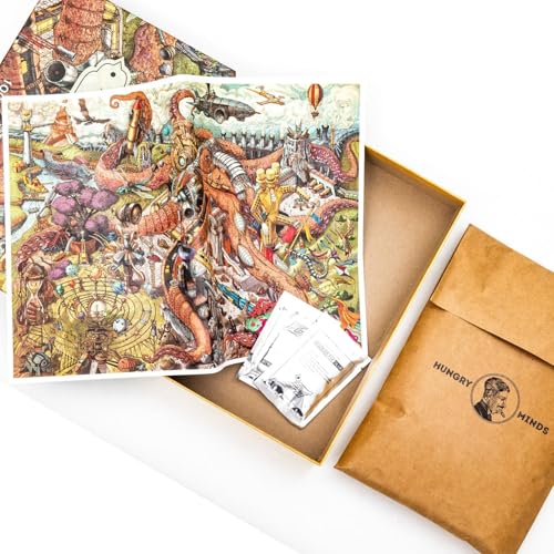 Detailed illustration of an octopus-themed city puzzle in a cardboard box.