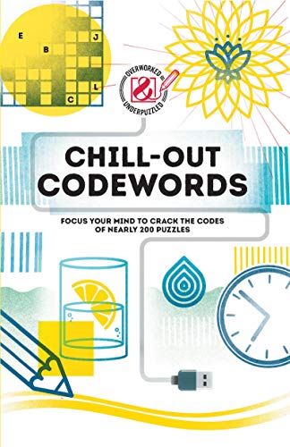 Book cover titled Chill-out Codewords with puzzle, lotus, pencil, and clock illustrations.