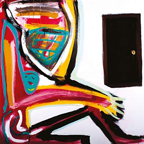The image depicts an abstract painting of a person sitting beside a door. For accessibility purposes, a suitable alt text could be: "Abstract painting of a person sitting next to a door."