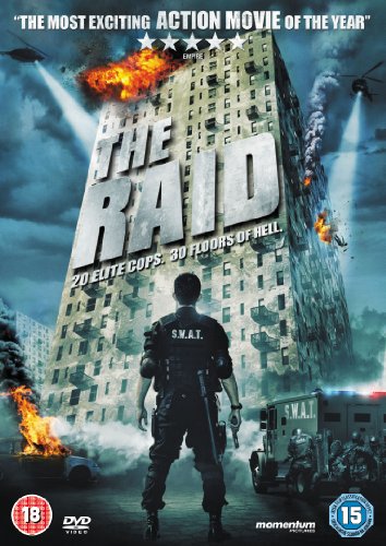 DVD cover for "The Raid" showing a building with explosions and a SWAT officer.