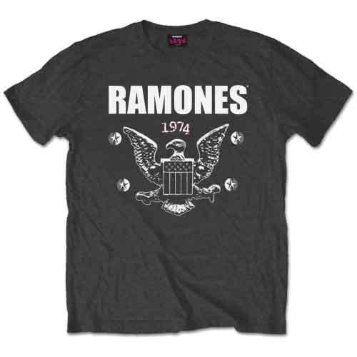 Grey t-shirt with "Ramones" text and an eagle graphic on the chest.